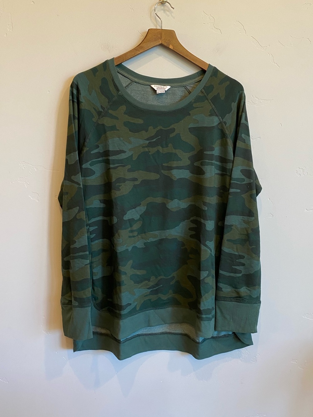 DANSKIN Forest Camo Printed Tulip Hem Long Sleeve Crew Top